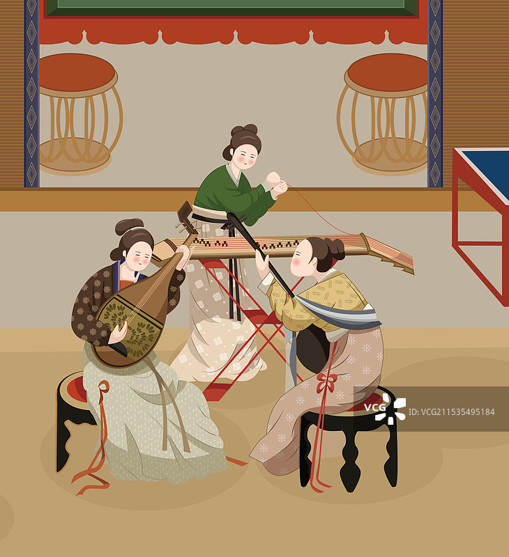 汉宫春晓奏乐古代仕女枇杷古琴国风图片素材