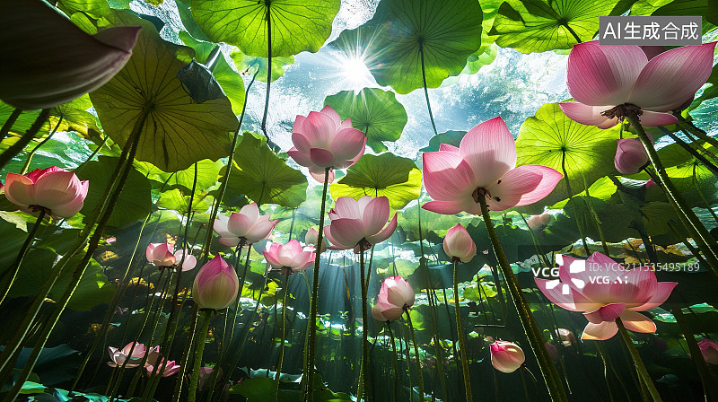 【AI数字艺术】水下视角夏天荷塘里盛开的荷花图片素材