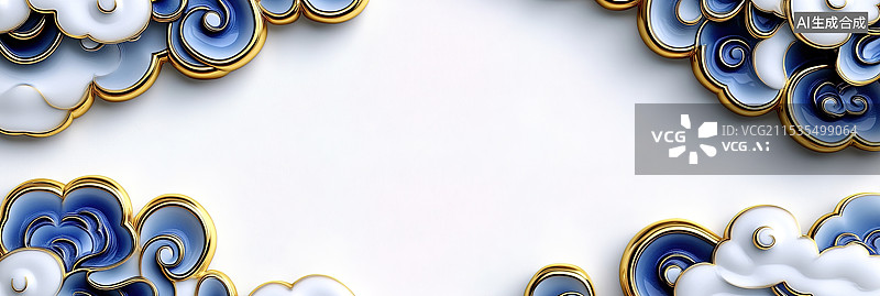 【AI数字艺术】3D金色和蓝色的新中式装饰白色背景云朵和吉祥图案设计图片素材