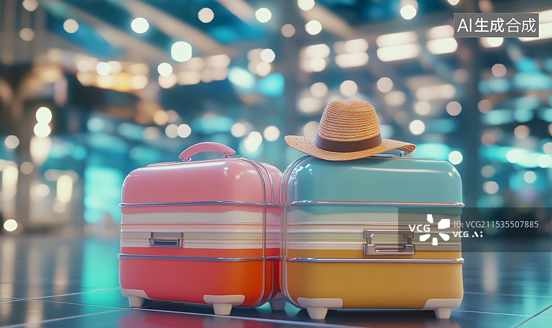 【AI数字艺术】在机场的旅行者，带着旅行箱和遮阳帽，准备开始假期或商务旅行。充满旅行和冒险的机场氛围。图片素材