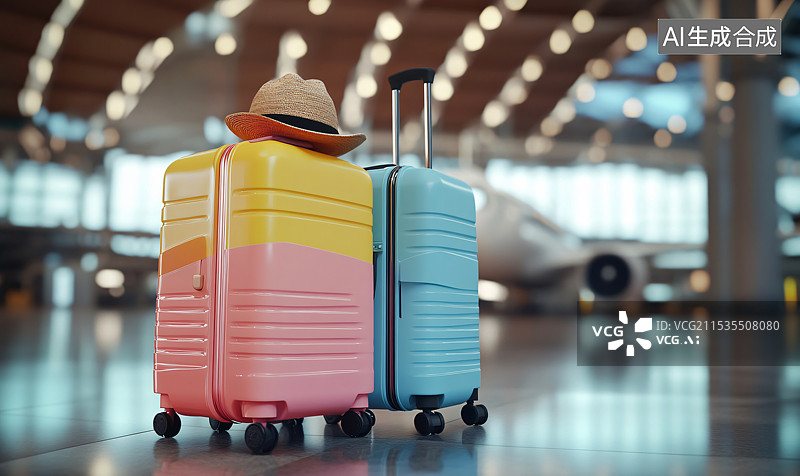【AI数字艺术】在机场的旅行者，带着旅行箱和遮阳帽，准备开始假期或商务旅行。充满旅行和冒险的机场氛围。图片素材