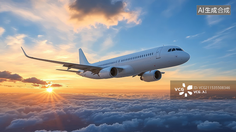 【AI数字艺术】夕阳下空中飞行的大型客机，旅游商务差旅概念图片素材
