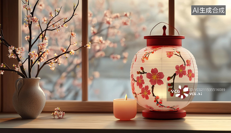 【AI数字艺术】木桌上的传统灯笼图片素材