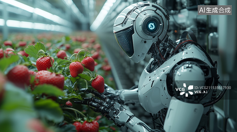 【AI数字艺术】机器人采摘成熟的草莓图片素材