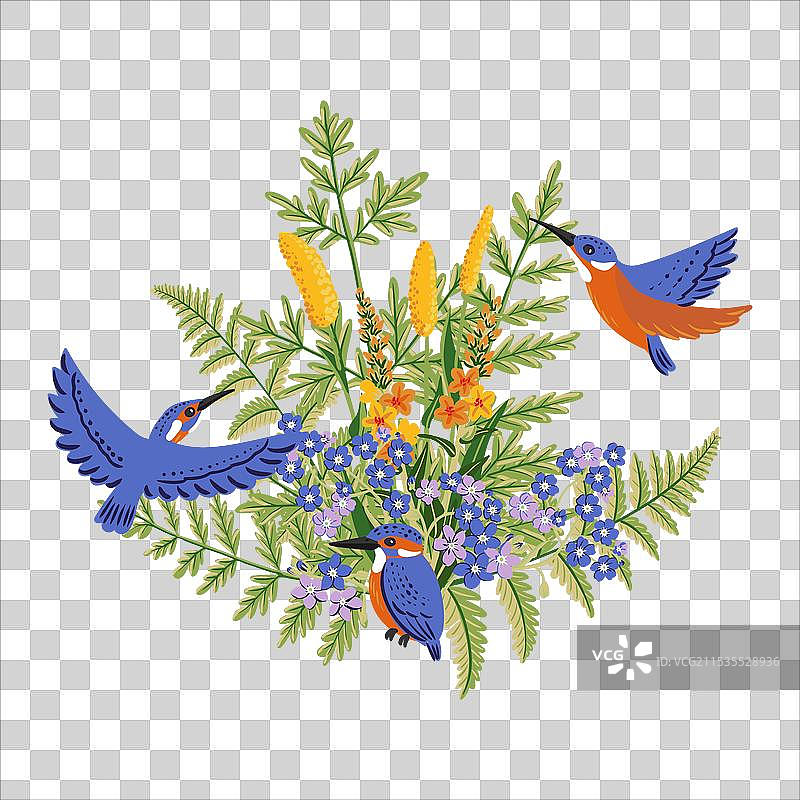 野花和鸟的花束素描图片素材