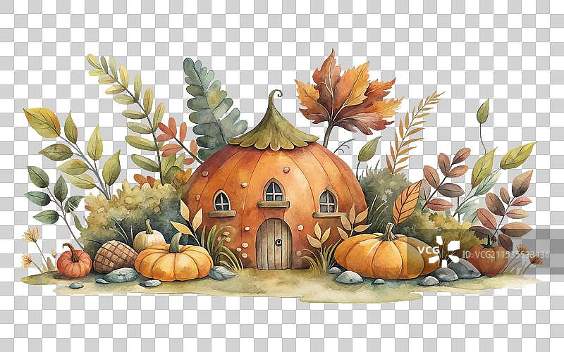 水彩秋天，南瓜屋与图片素材