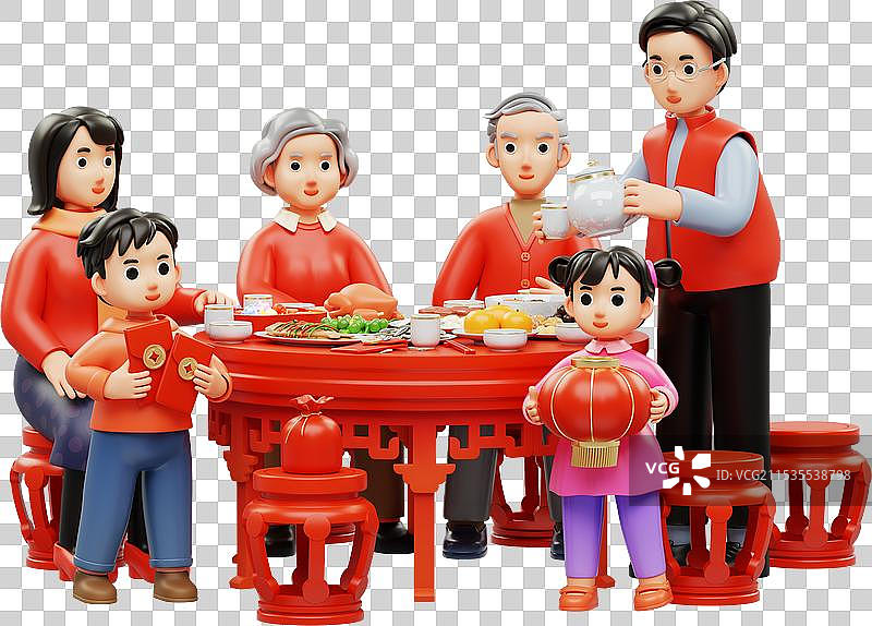 春节一家人吃团圆饭年夜饭除夕三维图图片素材
