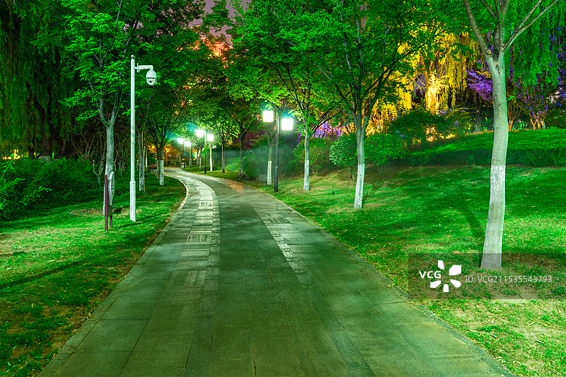 中国非都市风光拍摄主题，步行道路上的光轨和两侧的花坛图片素材