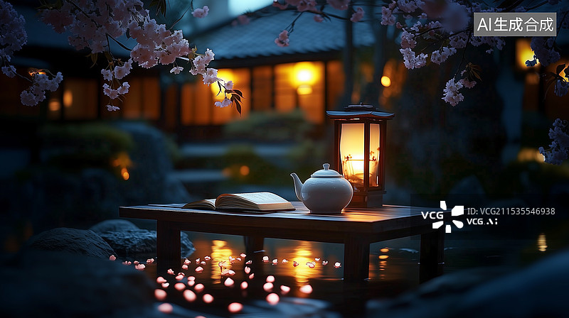 【AI数字艺术】极简中式庭院樱花现代室外茶桌场景图片素材
