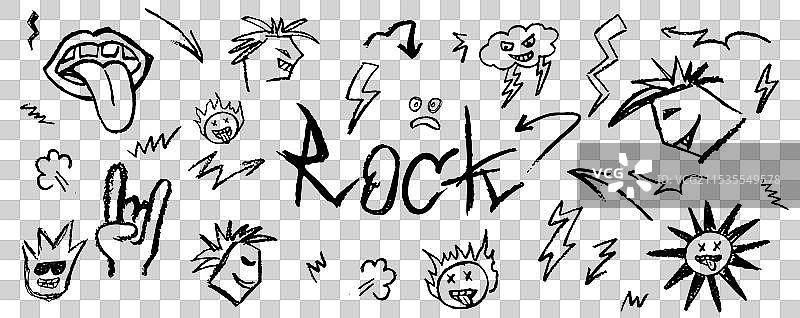 涂蜡笔风格的颓废摇滚涂鸦元素集合图片素材