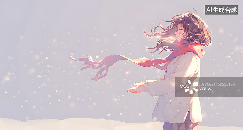 【AI数字艺术】唯美冬天雪中的女孩卡通插画图片素材