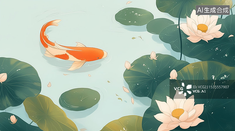 【AI数字艺术】锦鲤在荷花池的高角度视图图片素材