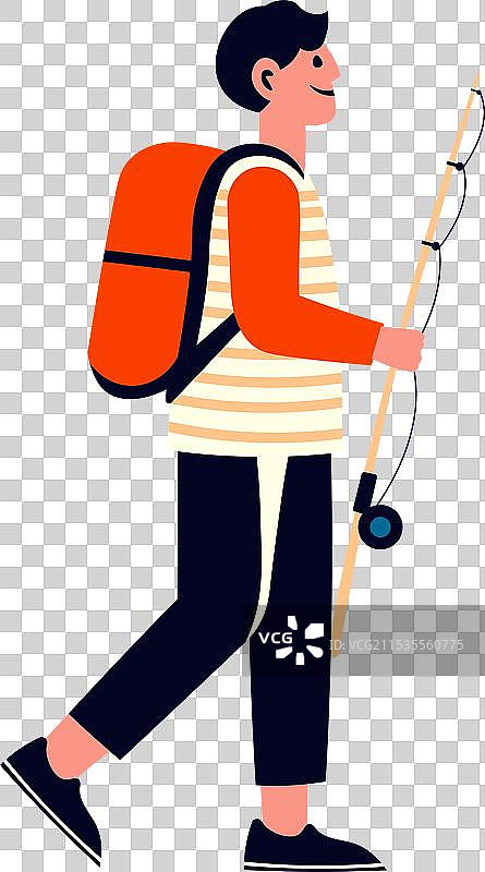 男子背着钓鱼竿徒步旅行图片素材