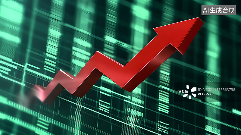 【AI数字艺术】绿色数据背景中一个红色向上的箭头图片素材