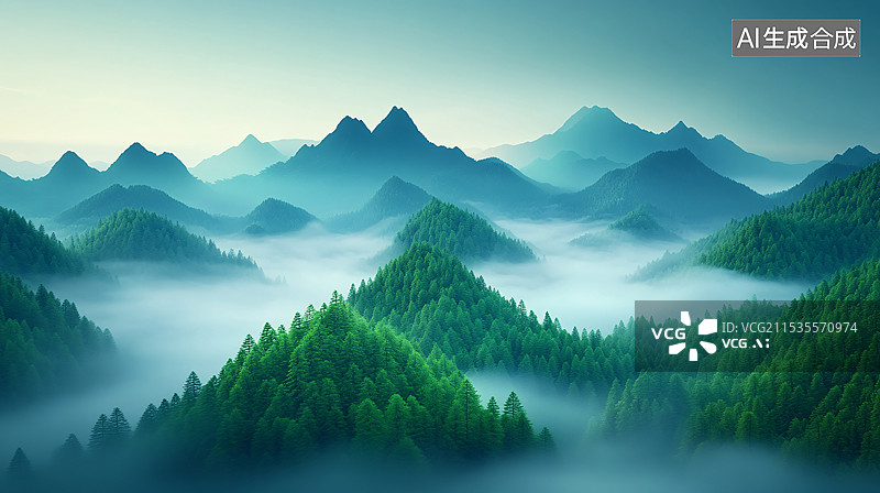 【AI数字艺术】浓雾笼罩着绿色茂密的森林场景背景图片素材