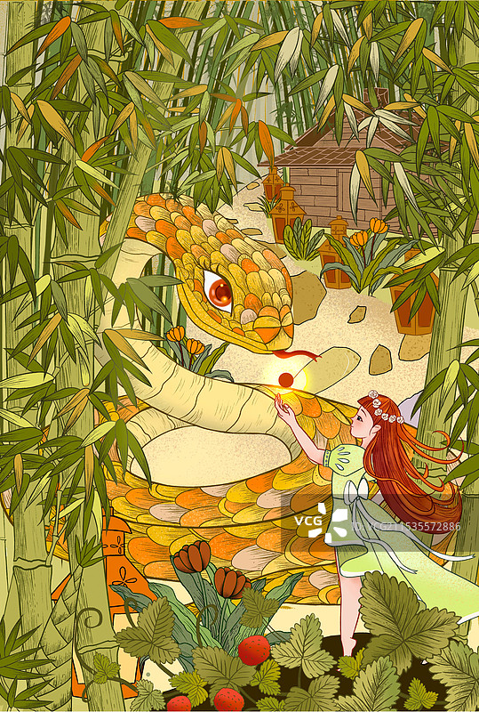 蛇年主题插画女孩竹林图片素材