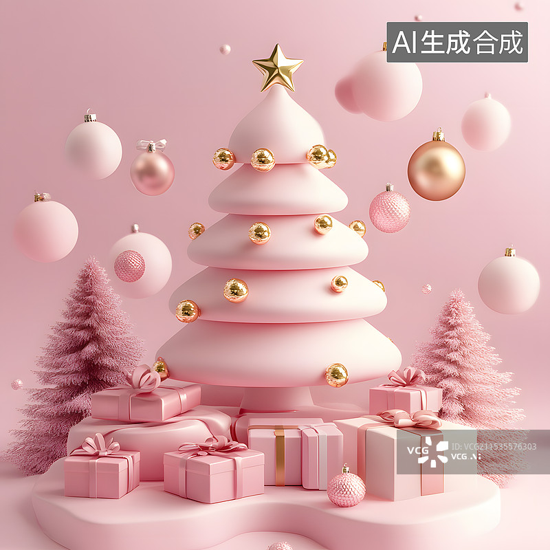 【AI数字艺术】粉色圣诞树和礼盒3DC4D圣诞节海报图片素材