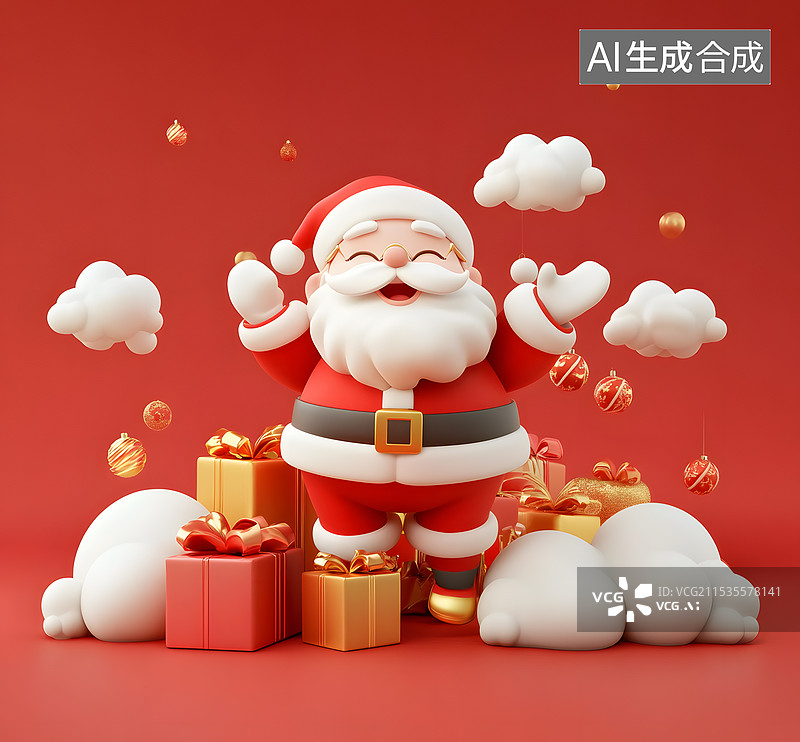 【AI数字艺术】3D快乐的圣诞老人和礼物，圣诞节雪花云朵礼品庆祝红色图片素材