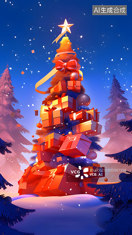 【AI数字艺术】圣诞节圣诞树圣诞礼盒海报背景图图片素材