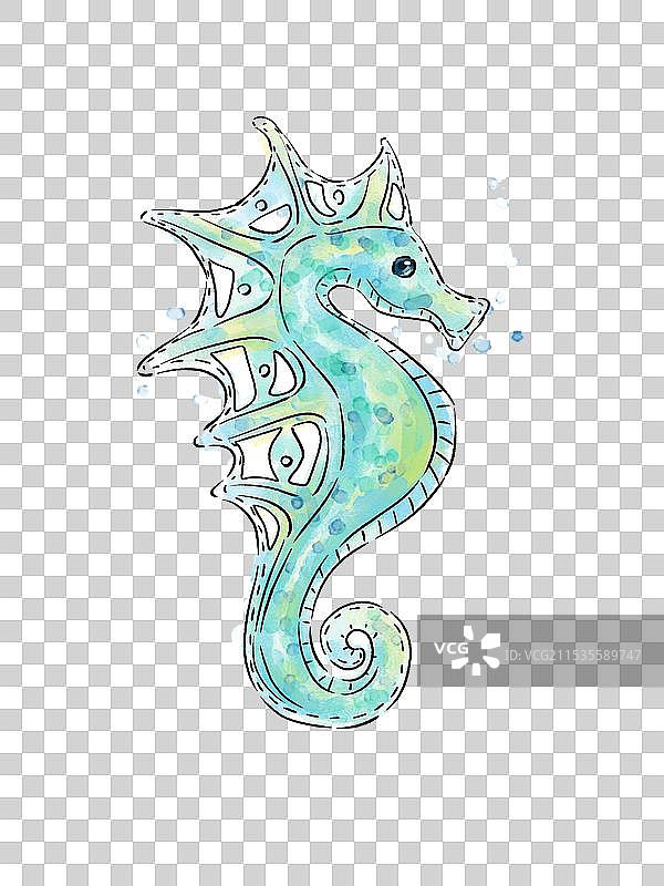 一只特写蓝绿色水彩风格海马图片素材