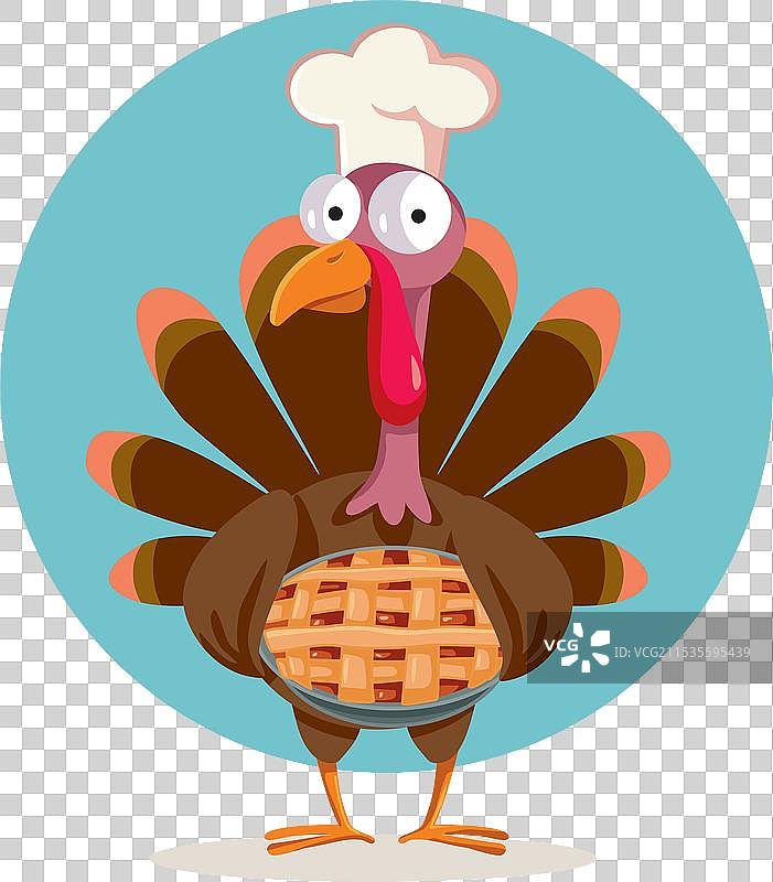 快乐的火鸡拿着一个派的卡通角色图片素材