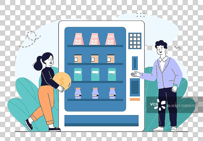 男女与自动售货机，顾客在购买商品图片素材