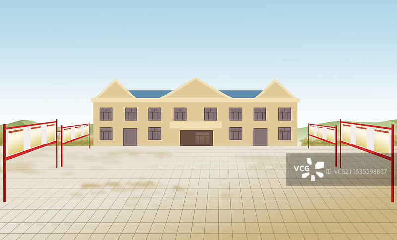 乡村乡下农村街道小镇户外露天广场空地宣传栏风景场景建筑元素资讯插画图片素材