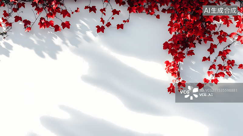 【AI数字艺术】白色墙壁上的红色爬山虎图片素材