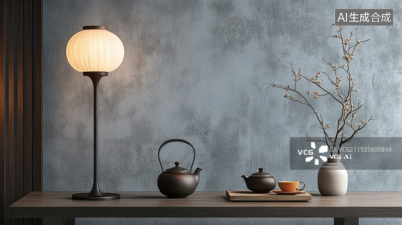 【AI数字艺术】新中式豪宅室内茶几品茶极简装饰图片素材