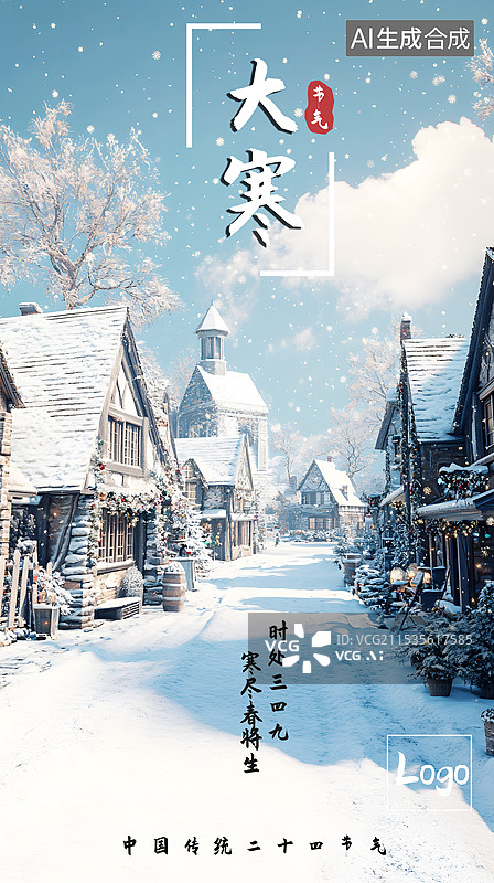 【AI数字艺术】AIGC：大寒节气海报 学中的房子 冬日户外雪景下雪图片素材