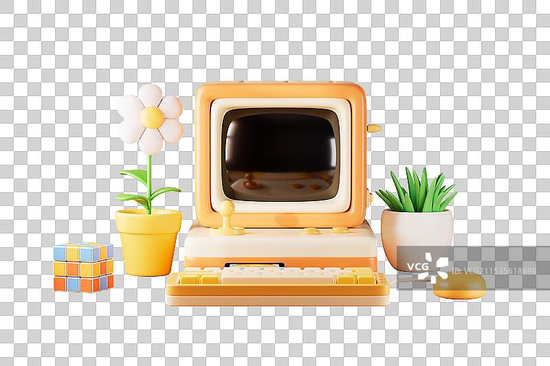 卡通风格游戏电脑与花朵盆栽免抠元素图片素材