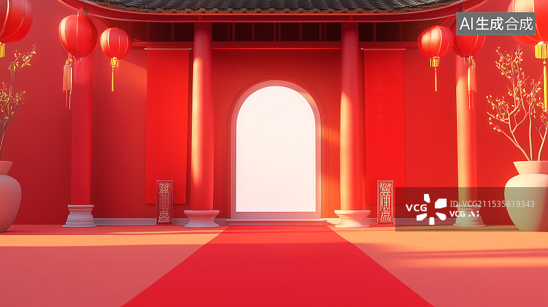 【AI数字艺术】3D红色新年中式建筑门场景图片素材