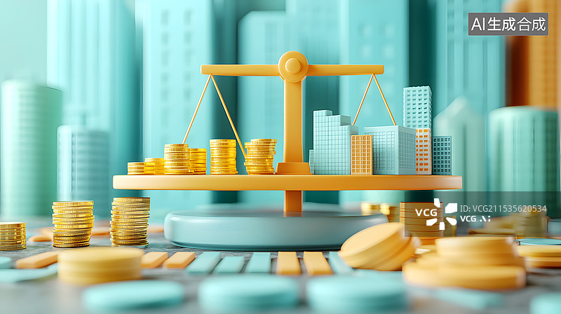 【AI数字艺术】AIGC：金币和房子建筑在秤的两段保持平衡稳定图片素材