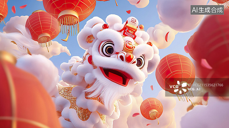 【AI数字艺术】喜庆祥瑞的中国舞狮红灯笼红色中国风背景图片素材
