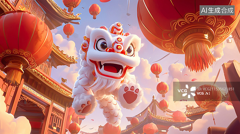 【AI数字艺术】喜庆祥瑞的中国舞狮红灯笼红色中国风背景图片素材