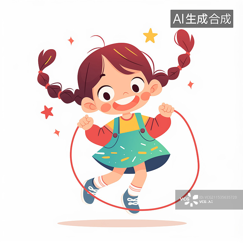 【AI数字艺术】跳绳的小女孩卡通插画图片素材