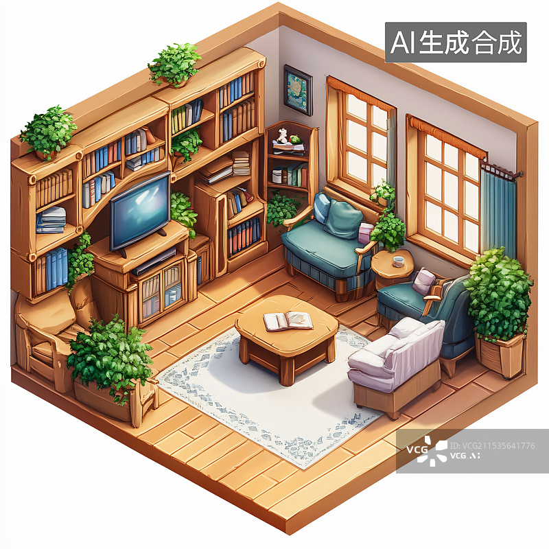 【AI数字艺术】微缩景观的房地产模型公寓，展示卧室和客厅设计，细致的装饰和家具。图片素材