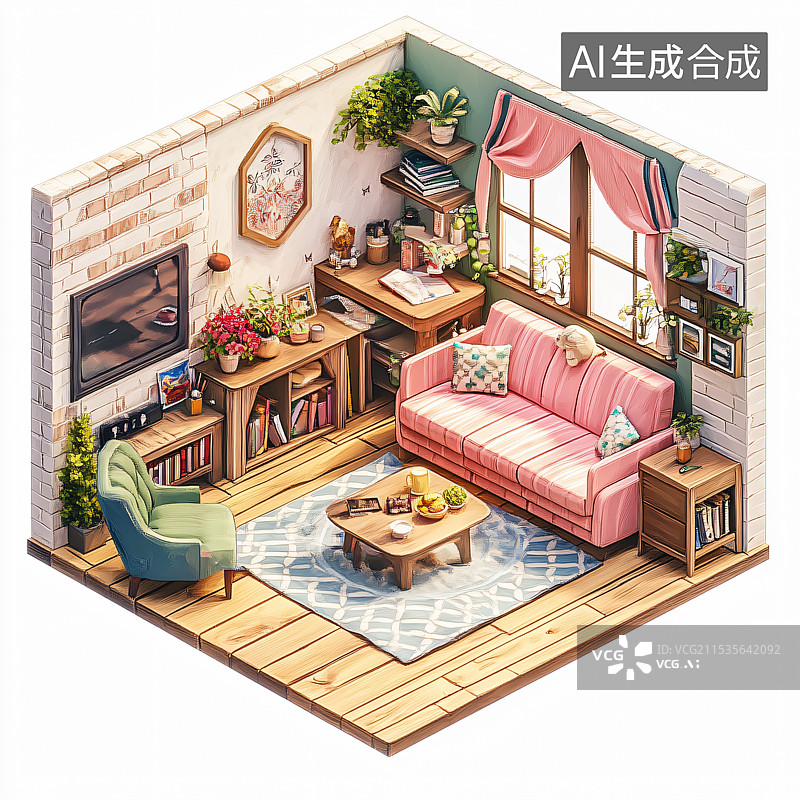 【AI数字艺术】微缩景观的房地产模型公寓，展示卧室和客厅设计，细致的装饰和家具。图片素材