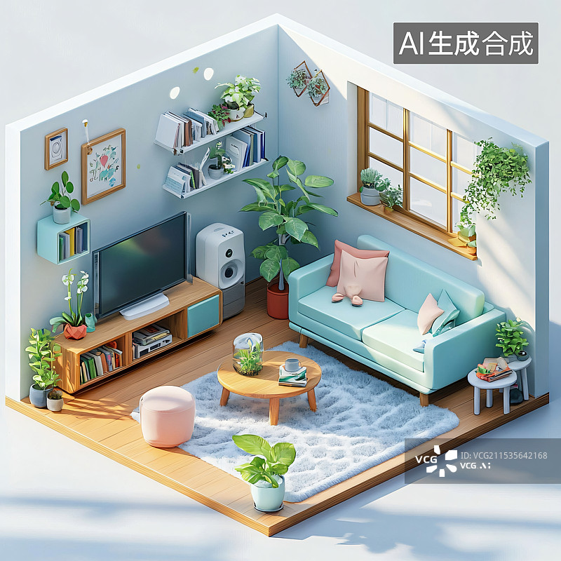 【AI数字艺术】微缩景观的房地产模型公寓，展示卧室和客厅设计，细致的装饰和家具。图片素材