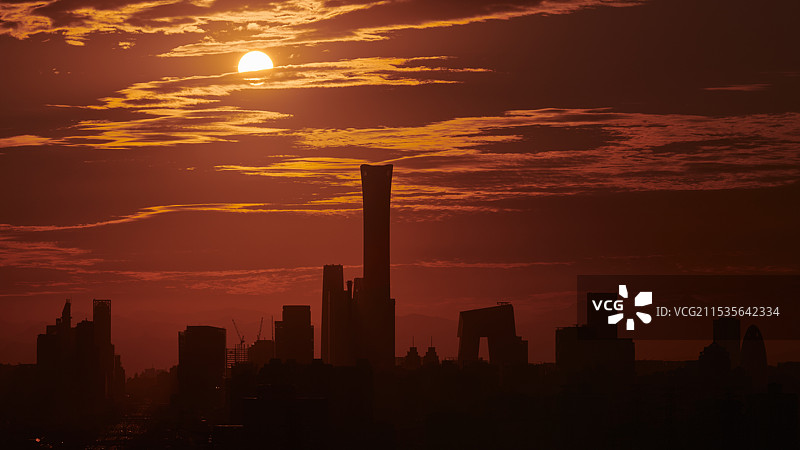 日出金色火烧云逆光北京CBD地标建筑图片素材
