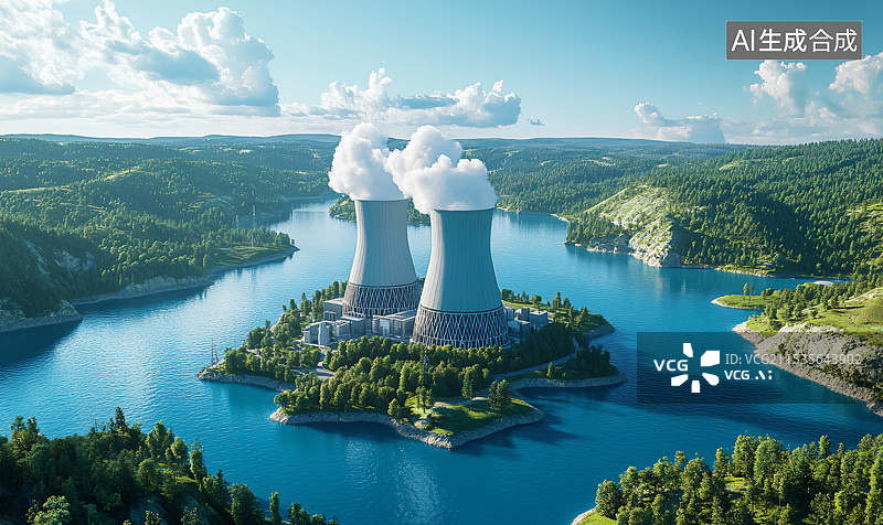 【AI数字艺术】位于湖中央的工业电厂及高耸的烟囱，能源生产与环境污染的鲜明写照。图片素材