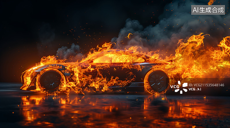 【AI数字艺术】3D渲染燃烧的汽车 横版图片素材