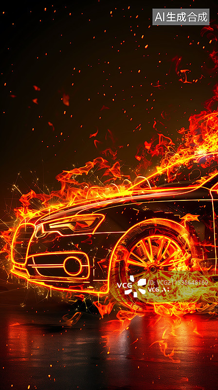 【AI数字艺术】3D渲染燃烧的汽车 竖版图片素材