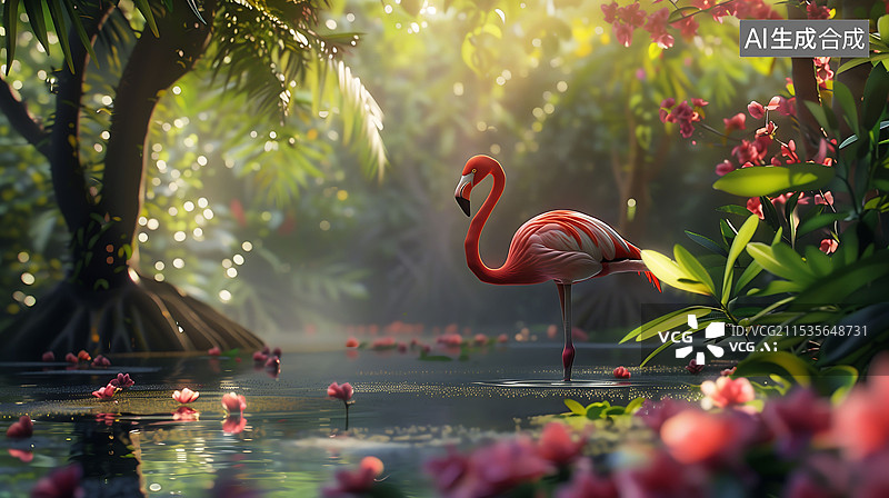 【AI数字艺术】花丛中的火烈鸟 横版图片素材