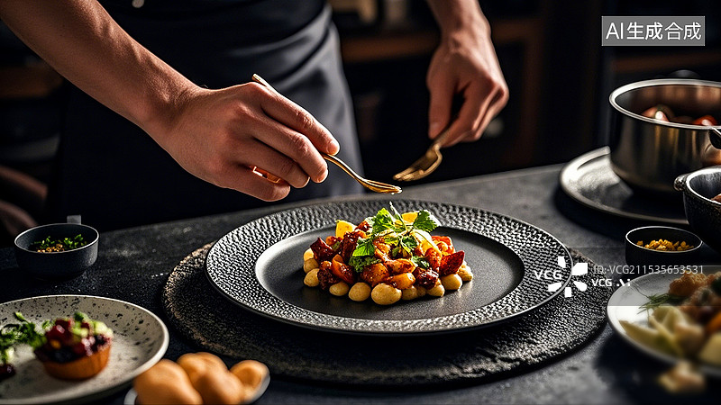 【AI数字艺术】西餐厨师准备餐点摆盘特写图片素材