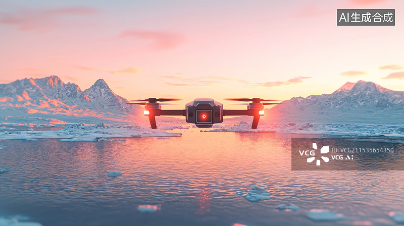 【AI数字艺术】无人机在夕阳下的湖面上飞行图片素材