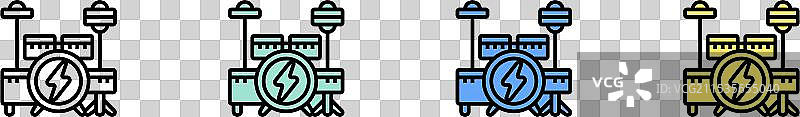 鼓组图标轮廓，绿色、蓝色和黄色风格图片素材
