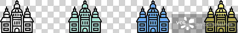 绿色、蓝色和黄色风格的教堂图标轮廓图片素材