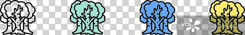 白桦树图标轮廓，绿色、蓝色和黄色图片素材