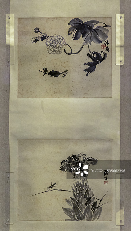 北京大运河博物馆“纪念齐白石诞辰160周年特展”：花鸟双挖四屏（之二）—齐白石（1917年）图片素材